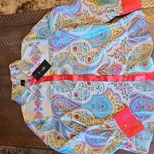 Vintage Retro Look Silky Button Up Women's Medium Paisley Shirt Gold Buttons NWT
